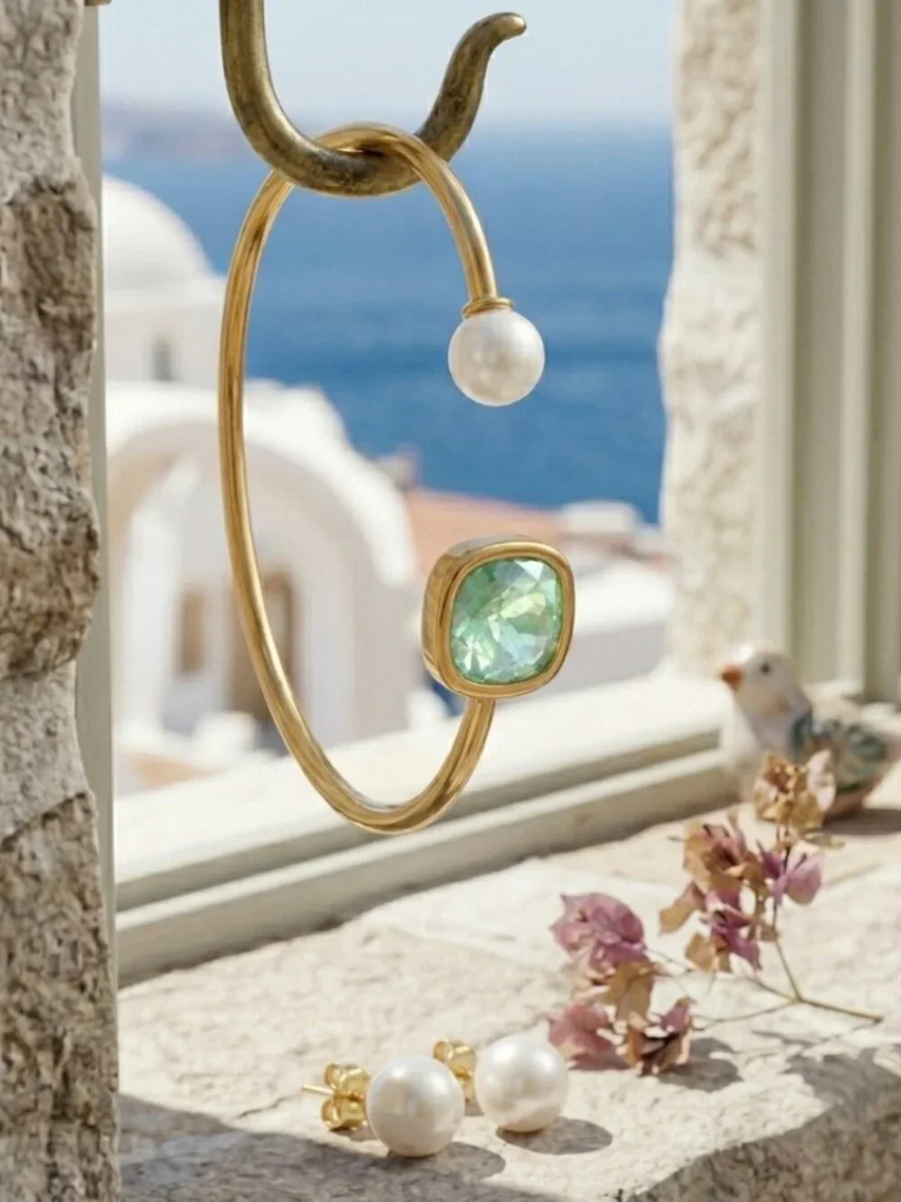 18K Gold Plated SS Pearl Green Crystal Open Cuff Bracelet Set Adj Mediterranean